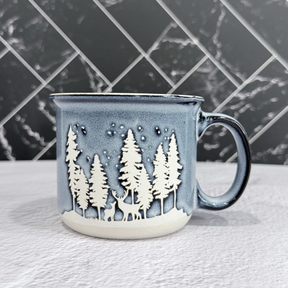 Global Designs Blue Winter Woods Ceramic Coffee Tea Mug Deer Woods Theme